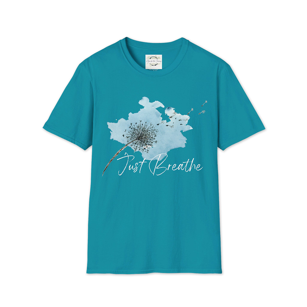 "Just Breathe" on Dark Background (Unisex Softstyle T-Shirt)