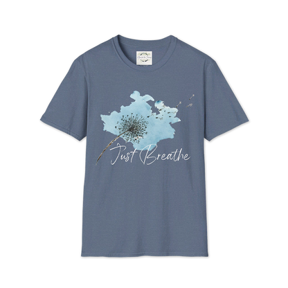 "Just Breathe" on Dark Background (Unisex Softstyle T-Shirt)